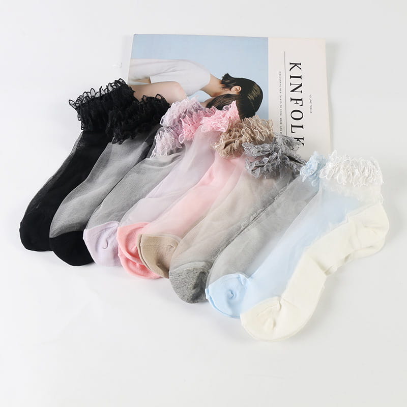 Chaussettes en soie transparentes pour femmes, vente en gros, mignonnes filles, dentelle transparente, dames