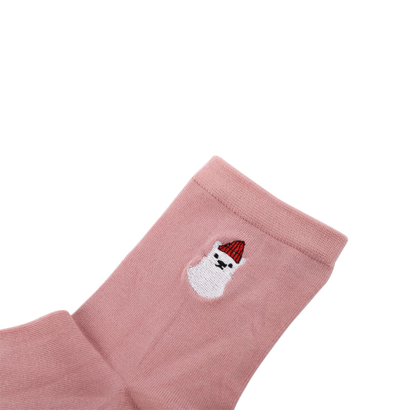 Broderie d'ours blanc en soie super douce et chaussettes renforcées cousues à la main pour femmes