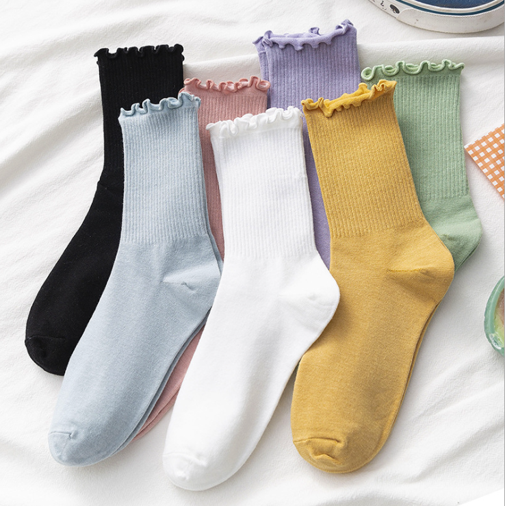 Chaussettes amples de couleur unie pour femmes et filles, chaussettes côtelées en coton à volants