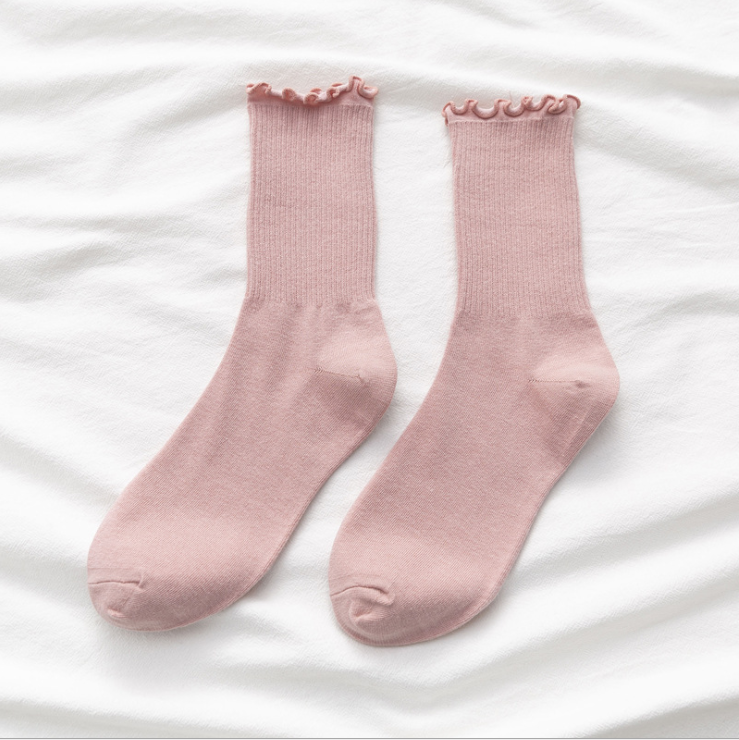 Chaussettes amples de couleur unie pour femmes et filles, chaussettes côtelées en coton à volants