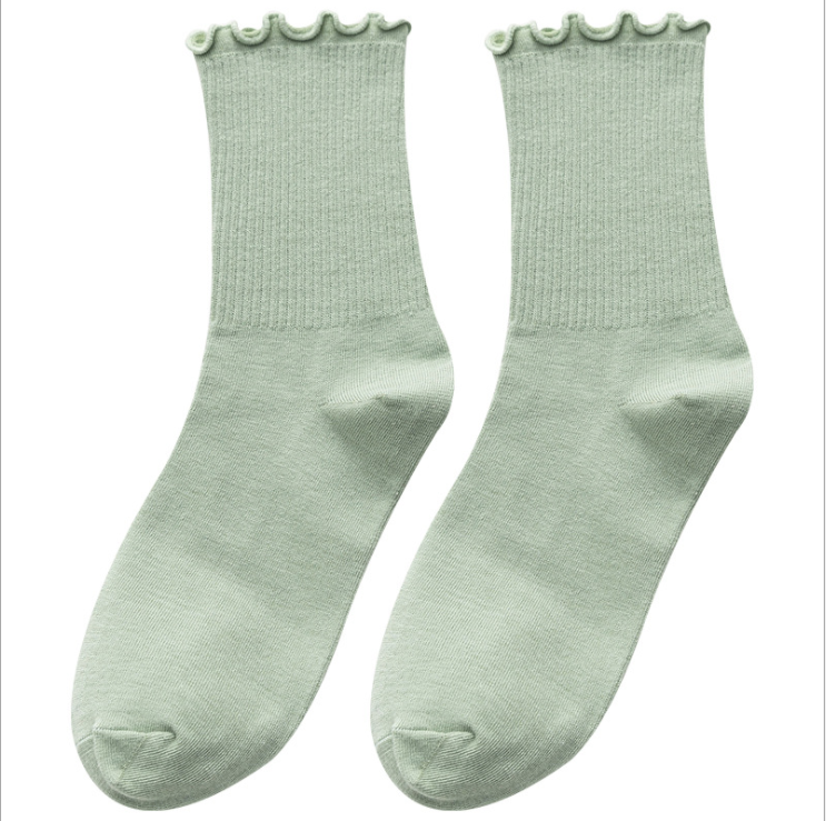 Chaussettes amples de couleur unie pour femmes et filles, chaussettes côtelées en coton à volants