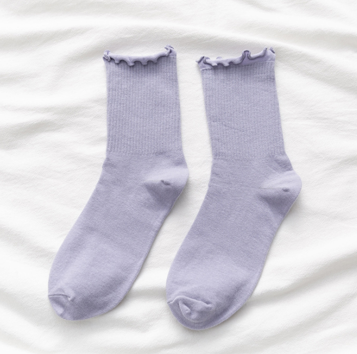 Chaussettes amples de couleur unie pour femmes et filles, chaussettes côtelées en coton à volants