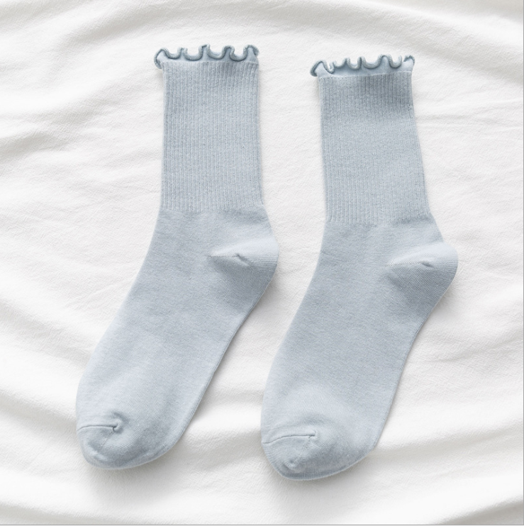 Chaussettes amples de couleur unie pour femmes et filles, chaussettes côtelées en coton à volants