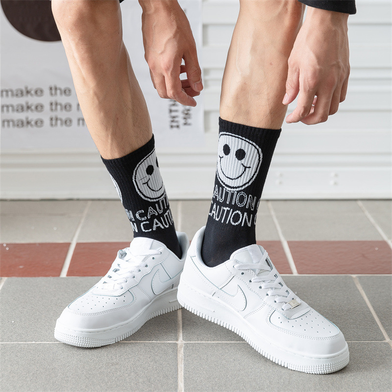 Chaussettes de sport en coton respirantes pour hommes, visage souriant personnalisé, noir et blanc