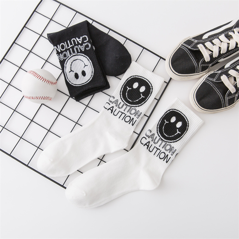 Chaussettes de sport en coton respirantes pour hommes, visage souriant personnalisé, noir et blanc