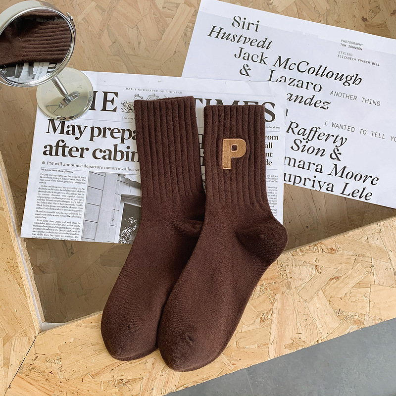 Chaussettes de Sport en coton de haute qualité, couleur unie, lettres P, Style collégial, pour hommes, Logo personnalisé